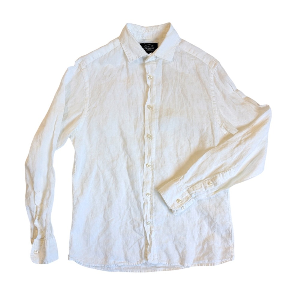Charles Tyrwhitt Button Up Shirt Mens S White Linen Slim Fit CSR0968WHT